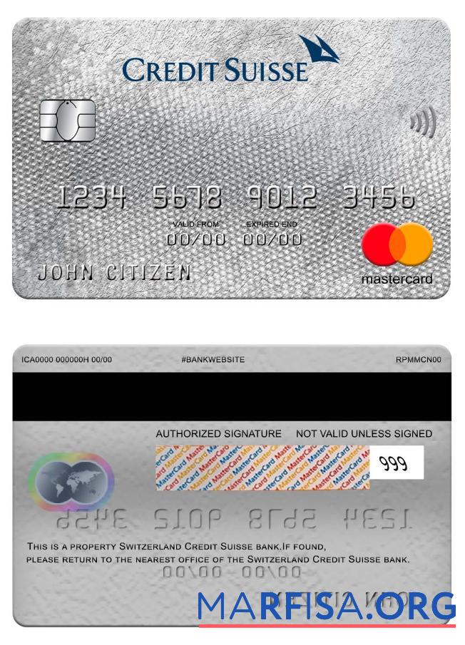 Blank Switzerland Credit Suisse bank mastercard download for verification